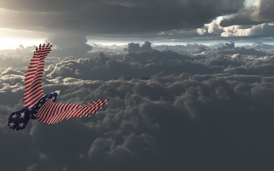 Eagle in US national colors flies above clouds.