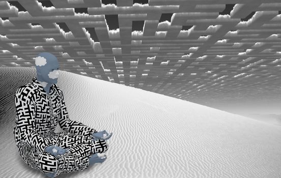 Surrealism. Figure of man in suit with maze pattern sits  in lotus pose in white desert
