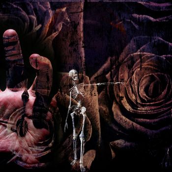 The ticking clock. Grunge Composition with Skeletal figure, time, human hand and roses