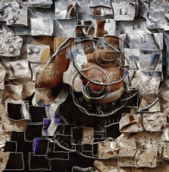 Surreal painting. Timekeeper. Man's silhouette, spirals of time, square block elements