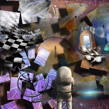 Complex surreal painting. Spirals of time. Man on a road to Heaven. Head with open door to another world. Winged clocks represents flow of time