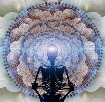 Skeleton in lotus position sits before endless spaces. Meditation
