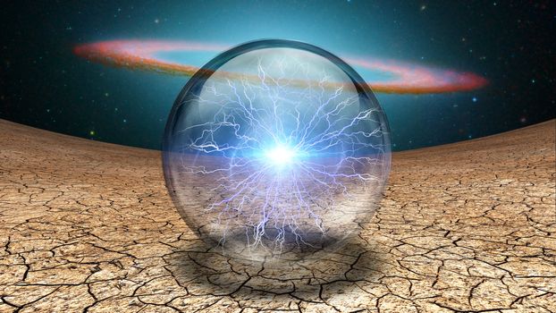 Surrealism. Life capsule. Splash of lightnings inside crystal ball. Galaxy disk on a background