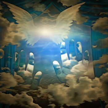 Surreal painting. Bright star with white wings in the sky. Human hands and curtains