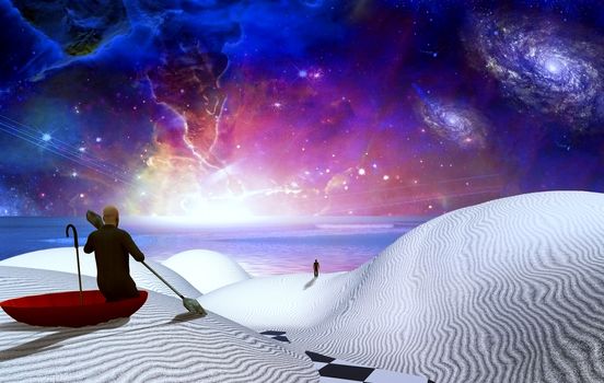 Escape from reality. Man in red umbrella floating on white desert. Figure of man in a distance. Ocean at the horizon. Starry sky