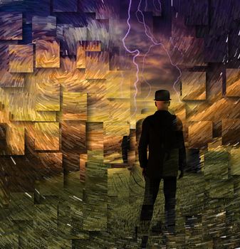 Man confronts storm. Surreal landscape