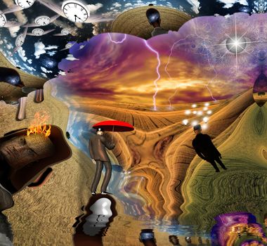 Fantasy Surreal scene. Man with red umbrella, light bulbs symbolizes ideas. Eye of God in the sky