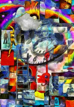 Complex surreal painting. Geometric elements, spiral of time, flames of fire and ladder. Elements of human consciousness