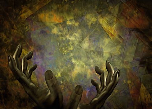Painting. Hands of creator on abstract background. Muted colors