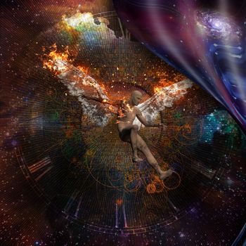 Surrealism. Clock. Man with burning wings symbolizes falling angel