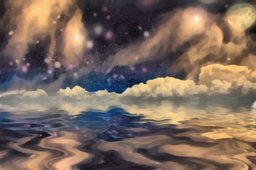 Digital painting. Stars and clouds reflects in the water