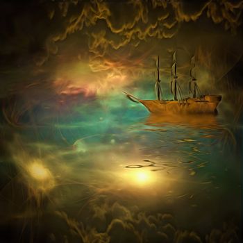 Surreal painting. Ancient ship floats in vivid clouds