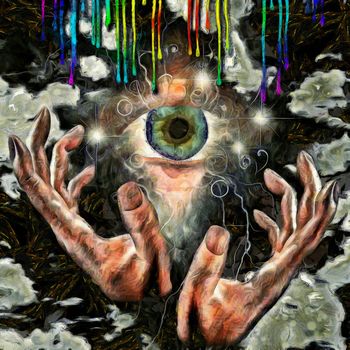 Surreal painting. Hands prays to the God's eye. Colorful drops