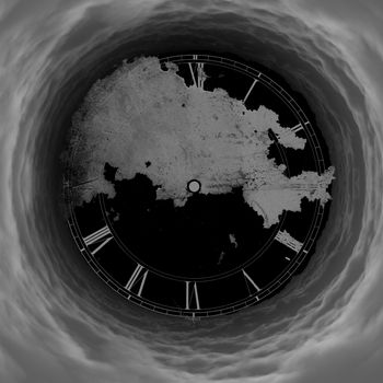 Surrealism. Clock face in tunnel of clouds