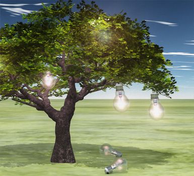Surreal digital art. Green tree with light bulbs symbolizes knowledge and ideas