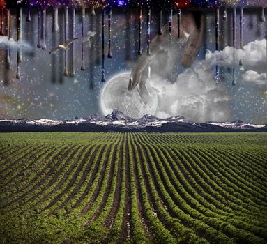 Surrealism. Field with green rows. Giant moon rises over the mountains. Another dimension flows down. Hand of God