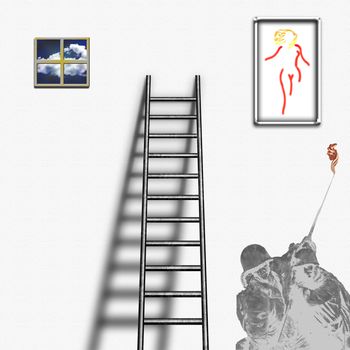 Ladder in white room. Symbolic surreal composition