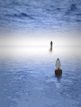 Man and monk in boats floats to bright horizon in the sky. Journey of souls