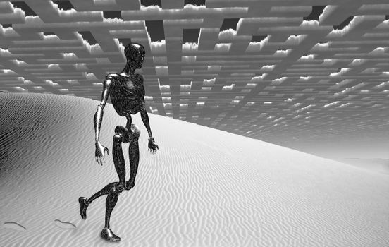 Alien robot in surreal white desert