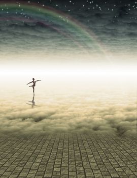 Ballerina dancing on a clouds. Edge of space