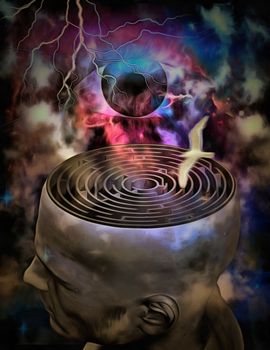 Surrealism. Maze inside man's head. Eye of God, lightning and flying bird