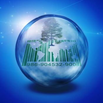 Green tree and barcode inside bubble