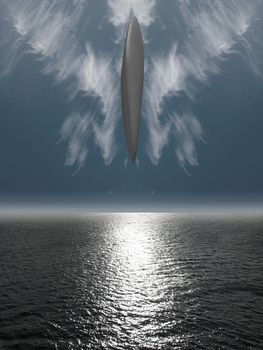 UFO hovers over ocean surface causes low tide. Clouds in sky. 3D rendering