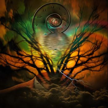 Complex surreal painting. Suit, tree branches, spiral of time