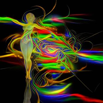 Woman in action pose statue. Colorful swirling lights.