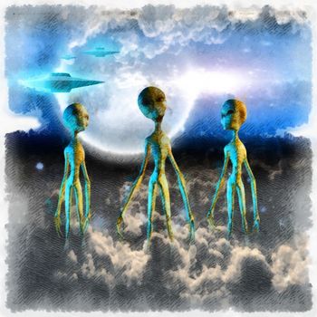 Surreal painting. Three aliens in clouds. Flying saucers in the sky
