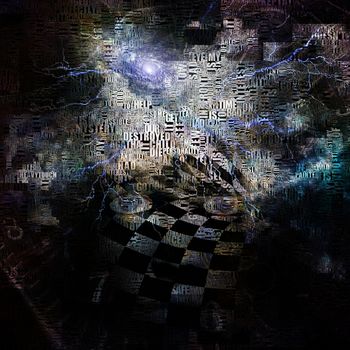 Complex surreal painting. Woman's face with chess pattern. Spiral of time. Random Words