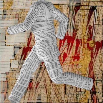 Abstraction. Figure of paper man. Stains and brush strokes at the background