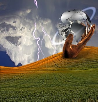 Giant hand holds globe. Lightning in the sky