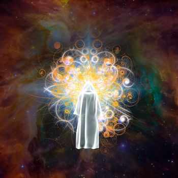 Surreal digital art. Meeting with God. Figure in white cloak stands before bright light in colorful universe