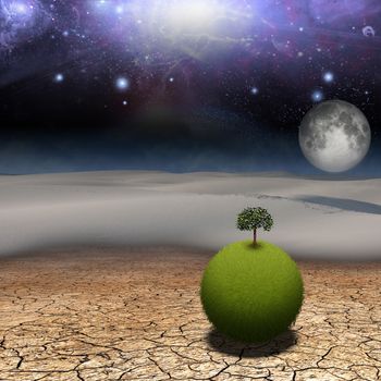 Oasis of Life. Tree on grassy sphere in arid land