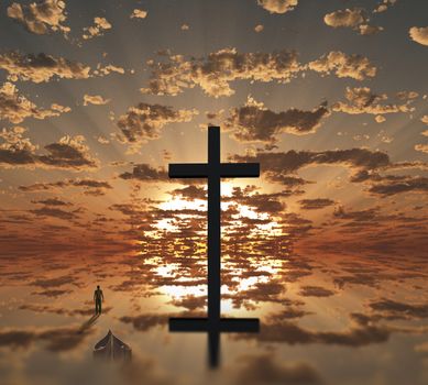 Sunset or sunrise with cross, man and wooden boat