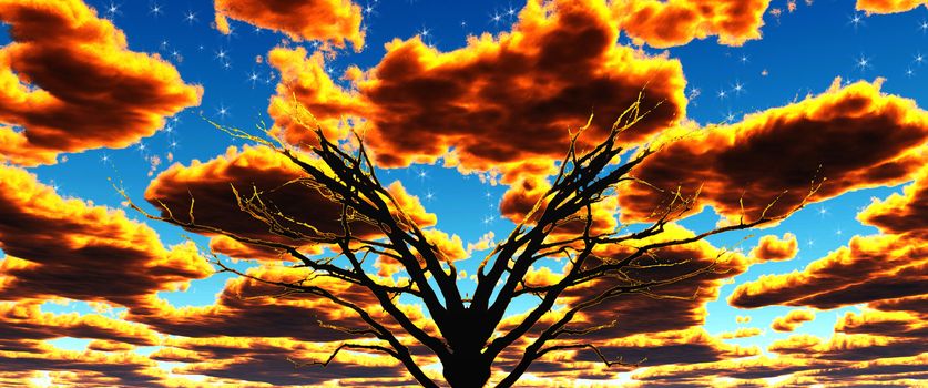Dead tree under fire sky. 3D rendering