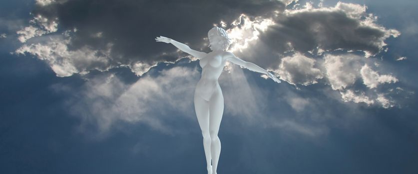 Surrealism. Woman's statue made of white stone in the sky