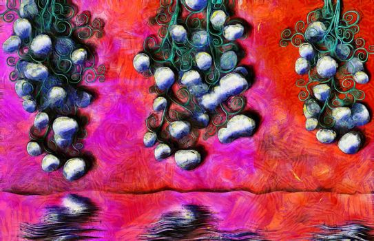 Digital art. Bunches of grapes reflected in water
