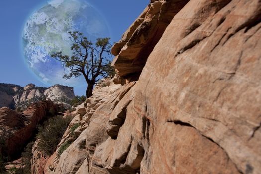 Fantastic. Red rock mountains. Terraformed moon in the sky. 3D rendering