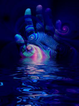 Surreal digital art. Swirling lines and palm reflected in the water