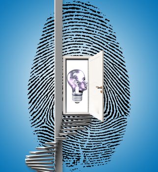 Surrealism. Fingerprint with opened door, spiral ladder and light bulb