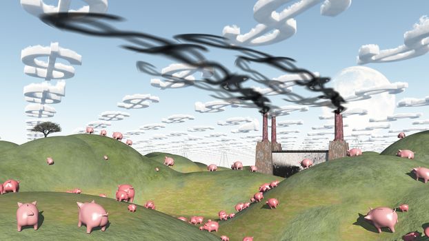 Surreal landscape with factory and pigs moviong toward factory