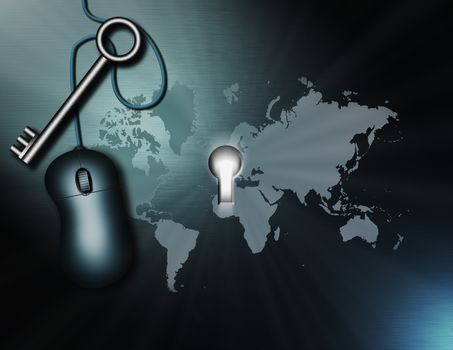PC mouse and metal key. Key hole in world map