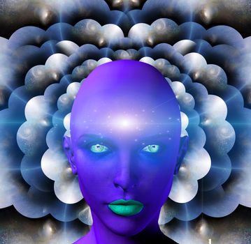 Purple female face on a background with multi-layered spaces. Alien woman