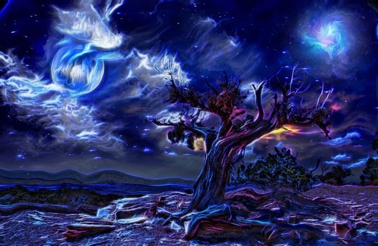 Surreal painting. Old tree, full moon and mystic clouds in the sky
