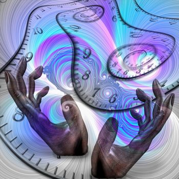 Manipulation of time. Human hands and time spirals