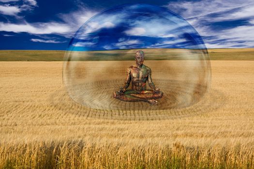 Cyborg in field of wheat. Futuristic Sci Fi composition
