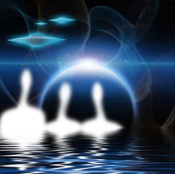Surreal digital art. Aliens and alien planet with space ships
