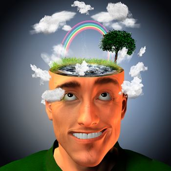 Man with liquid filled head and environment